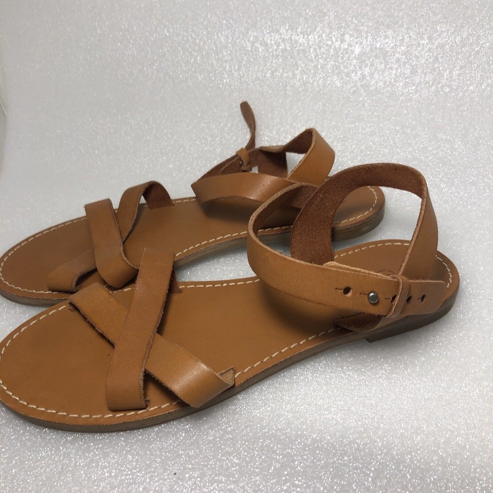 Madewell Womens Sz 8.5 Boardwalk Brown Leather Ankle Strap Flat Sandals